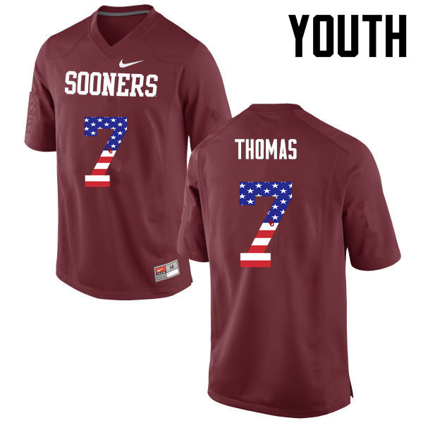 Youth Oklahoma Sooners #7 Jordan Thomas College Football USA Flag Fashion Jerseys-Crimson - Click Image to Close